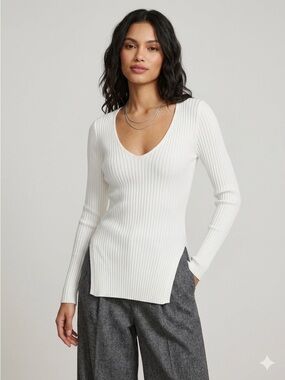 U2B White Ribbed V-Neck Sweater Long Sleeve Fitted Knit Top - Medium